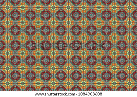 Raster pattern in blue, orange and red colors. Oriental abstract ornament. Seamless pattern for carpet, textile, wallpaper and any surface.