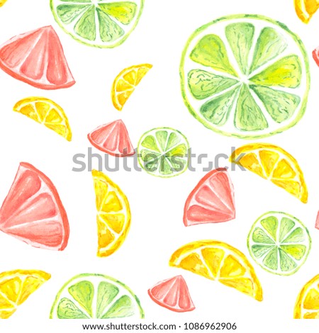 lemon, lime, mint, peach, strawberry pattern hand-drawn watercolor, on white background isolated, for design