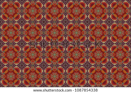 Luxury seamless pattern ornament in Eastern style. Abstract floral illustration in red, brown and green colors. Raster element, arabesque for design template.