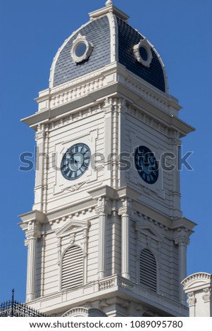 Clock tower above the old courthouse in downtown Noblesville, IN.