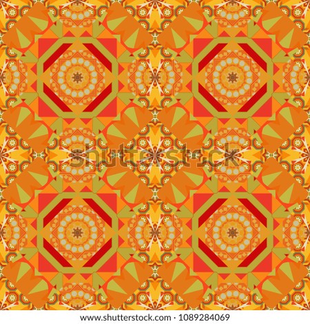 Square seamless pattern composition in red, orange and yellow colors for kerchief with floral motif.