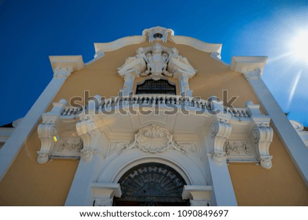 Classic European architecture. Close up historical building facade with architectural decorations in Lisbon