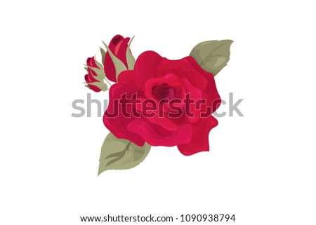 Vector illustration: Rose Flower bud isolated. Cut out Maroon Rose with leaflets made in a vintage style.