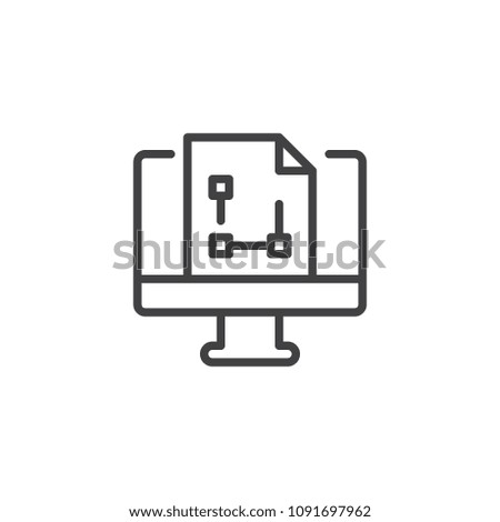 Computer monitor with graphic file outline icon. linear style sign for mobile concept and web design. File on screen simple line vector icon. Symbol, logo illustration. Pixel perfect vector graphics