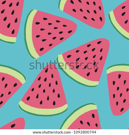 Bright colorful seamless vector pattern with fruit slices of watermelon. Summer mood illustration for surface design. Vegan illustration.