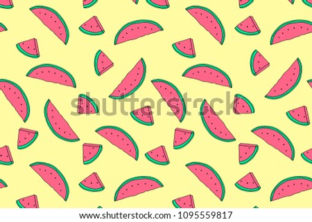 Summer pattern. Sliced watermelon on the yellow background