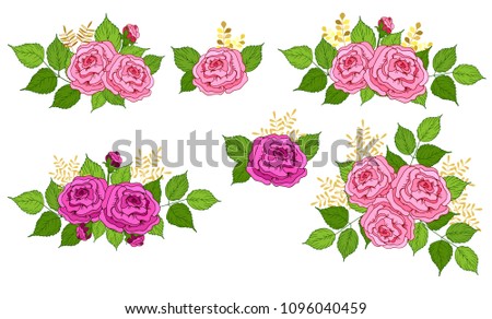 Bouquets of pink roses, set for design greeting cards, invitations, isolated from background, vector illustration