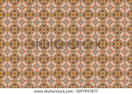 Seamless pattern with decorative geometric and abstract elements in yellow, brown and blue colors. Raster illustration.