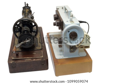 professional sewing machines, mechanical and electrical, rear view. isolated on white background, with clipping path