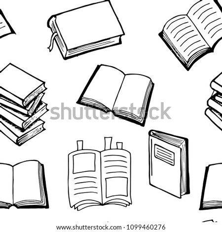 Books and notebooks, seamless pattern, black and white sketches hand drawing, vector illustration