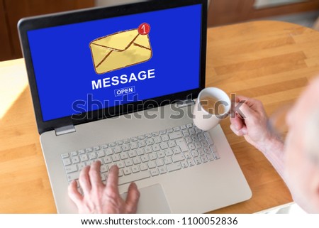 Man using a laptop with message concept on the screen
