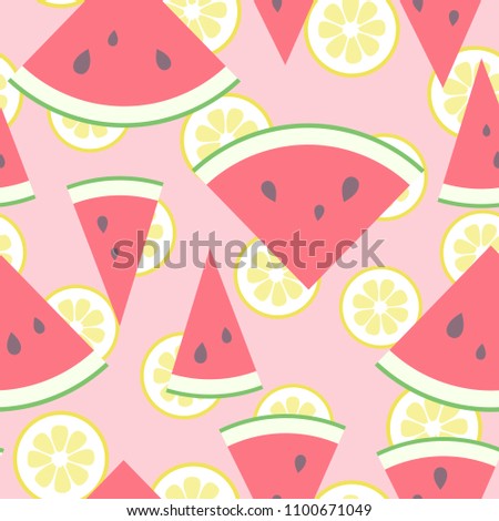 Vector illustration: seamless pattern with rosy lemonade - red cone flat watermelon pieces icons with black seeds?, green peel and lemon slices in retro style isolated on pink background