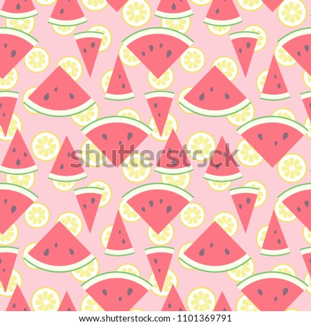 Vector illustration: seamless pattern Pink Lemonade with red cone flat watermelon pieces icons with black seeds and green peel and yellow lemon slices in retro style isolated on rosy background