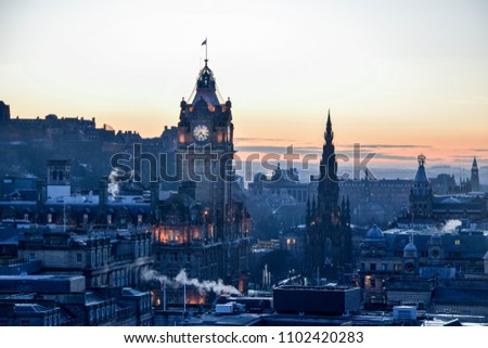 Sunset view across the city of Edinburgh Scotland.