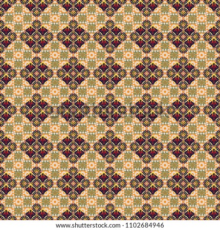 Retro seamless wallpaper pattern. Vintage brown, orange and green backgrounds with geometric and simple floral elements. Vector illustration.