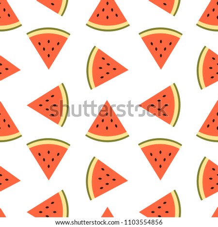 Seamless red watermelon vintage pattern on white background. Vector illustration in flat style with exotic fruit slices for wallpapers and textures