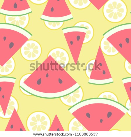 Vector illustration: seamless pattern with yellow  flat lemon pieces icons and cone red watermelon slices isolated on yellow background