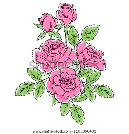 vector contour color red lilac pink rose flowers and leaf boquette on white 
