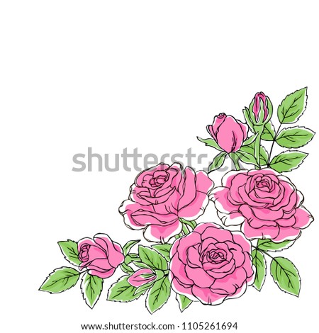 vector contour color red lilac pink rose flowers and leaf boquette corner pattern on white