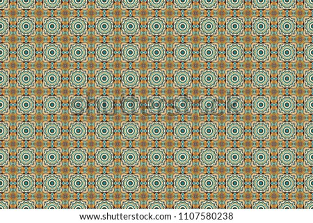 Raster illustration. Seamless striped and Mandalas pattern. Simple ornament. Ethnic and tribal motifs. Vintage print in beige, brown and blue colors, grunge texture.