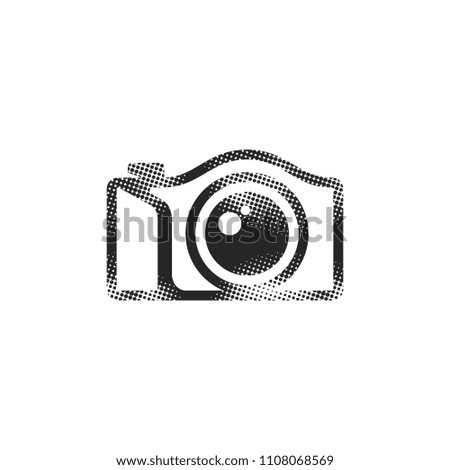 Camera icon in halftone style. Black and white monochrome vector illustration.