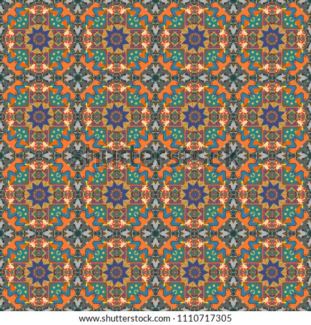 Hand drawn seamless pattern. Patchwork quilt pattern in orange, brown and blue colors. Indian, Arabic, Turkish motifs. Abstract colorful mosaic style. Vintage decorative elements.