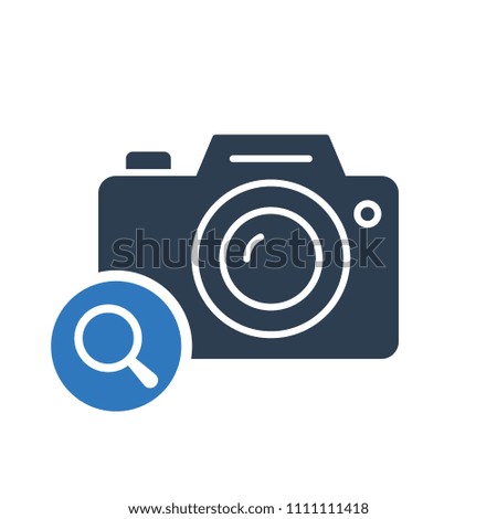Photo camera icon, technology icon with research sign. Photo camera icon and explore, find, inspect symbol. Vector illustration