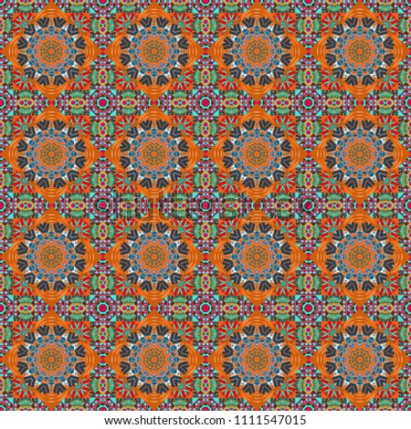 Curved doodling background. Tracery seamless pattern in Mehndi style. Ethnic colorful doodle texture in blue, orange and brown colors.