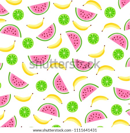 card with bananas and slices of watermelon on white background. Greeting card, poster, wrapping paper designs.
