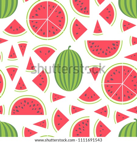 Vector illustration: seamless pattern with flat cone, semisphere pieces and entire watermelons icons with black seeds and green peel isolated on white background.