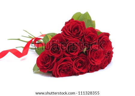 Valentine's day rose bouquet with ribbon on white background