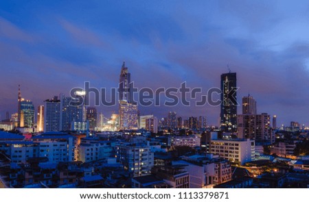 High angle view of the night will see the beautiful light in high buildings in Bangkok, the capital of Thailand.