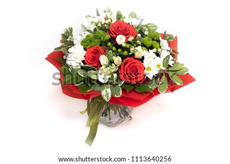 Bouquet of roses and other flowers isolated on white background