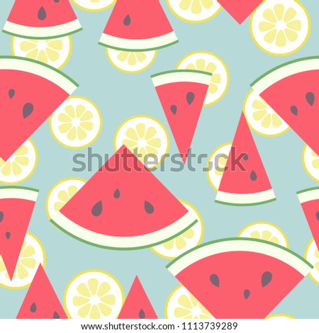 Vector illustration: seamless pattern with flat cone, semisphere pieces watermelons icons with black seeds and green peel and circle lemon slices isolated on blue background.