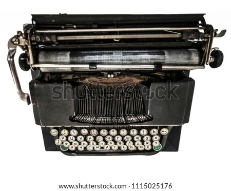 Retro vintage typewriter, on table cover. Top view. Copy space.