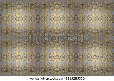 Raster illustration. Damask gold abstract flower seamless pattern on gray, beige and white colors. Ornate decoration.