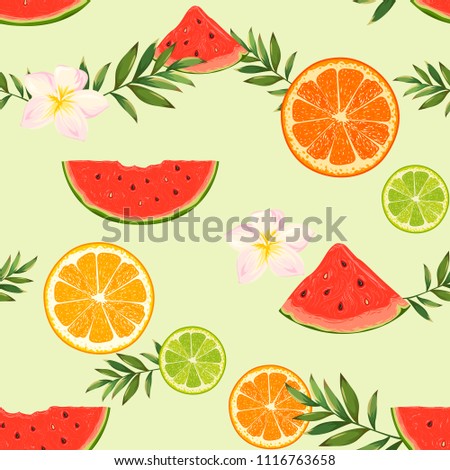 seamless pattern with oranges, watermelons and flowers