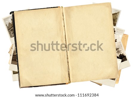 Old book and photos for scrapbooking design. Isolated over white