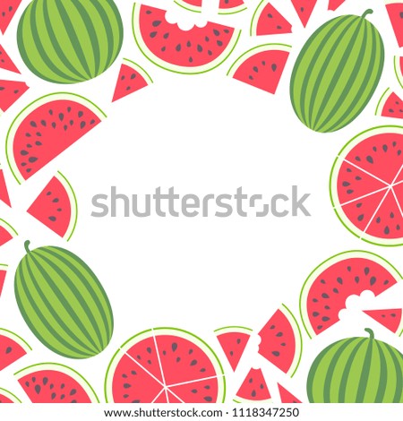 Vector illustration: banner with red flat cone, semicircle and circle watermelon pieces icons with black seeds, green peel and tooth bite and entire striped watermelons isolated on white background