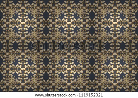 Oriental style arabesques golden pattern on a blue, white and brown colors with golden elements. Raster golden pattern. Seamless textured curls.