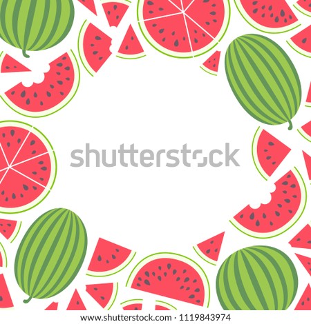 Vector illustration: Summer banner with watermelons, pieces of red watermelons with seeds and green striped peel, and tooth bite bright design in circle shape isolated on white background.