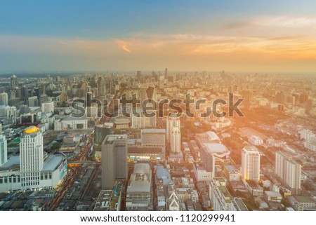 Aerial view Bangkok central business downtown skyline with sunset tone, Thailand