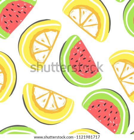 Watermelon seamless pattern. Fresh watermelons and orange summer detox