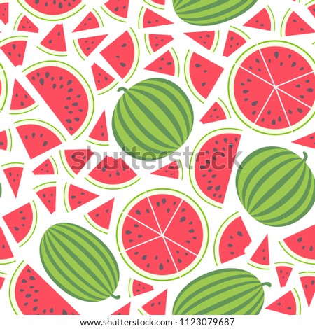 Vector illustration: seamless pattern with red  flat cone, semicircle and circle pieces and entire watermelons icons with black seeds and green peel isolated on white background.