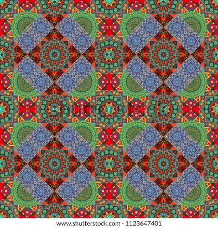 Decorative backdrop in green, brown and blue colors can be used for wallpaper, pattern fills, page background, surface textures. Abstract geometric colorful seamless pattern for background.