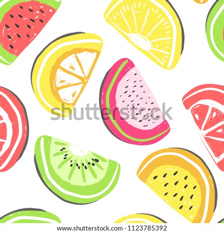 Watermelon and exotic fruits seamless pattern. Fresh watermelons and orange, tropical fruits summer detox