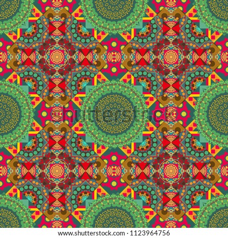 Bandanna shawl, tablecloth fabric print, silk neck scarf, kerchief design. Decorative colorful seamless pattern, geometric pattern in brown, pink and green colors. Tribal ethnic ornament.