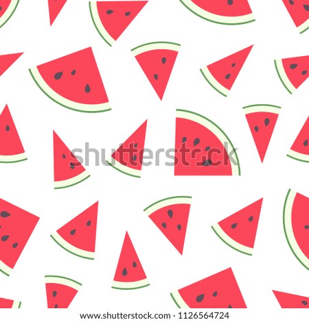 Vector illustration: seamless pattern with red flat cone watermelon pieces  with black seeds and green peel isolated on white background. For summer wallpapers, covered paper and fabrics.