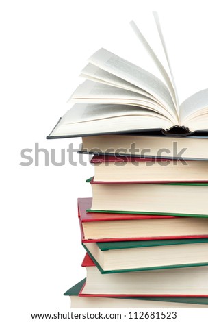 Stack of books on white background. Open book.