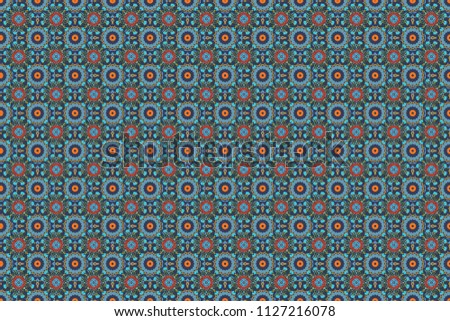 Stylish ornamental wallpaper in orange, blue and green colors. Raster illustration. Seamless geometric pattern with mandalas.